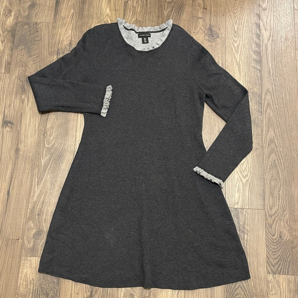 Adrienne Vittadini Gray Ruffle Trim A-Line Sweater Dress Womens Large L Knit